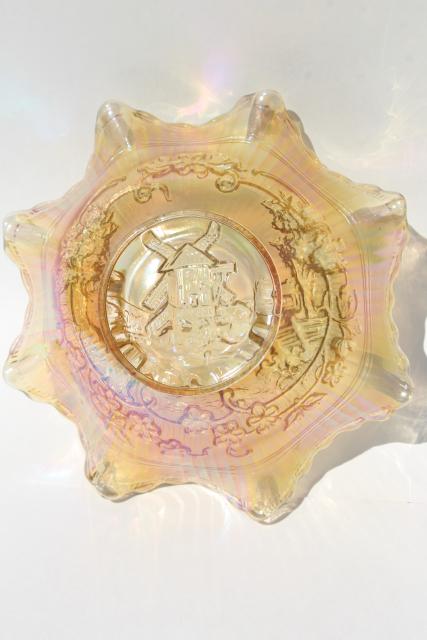 vintage marigold iridescent carnival luster bowl, Imperial glass windmill pattern