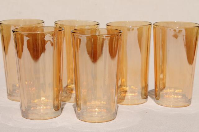 vintage marigold iridescent glass tumblers, Jeannette hex optic pattern drinking glasses