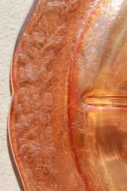 vintage marigold iridescent luster glass, Federal Normandie divided grill plates