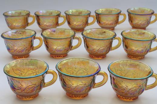 vintage marigold luster carnival glass grapes punch bowl & cups, iridescent amber color