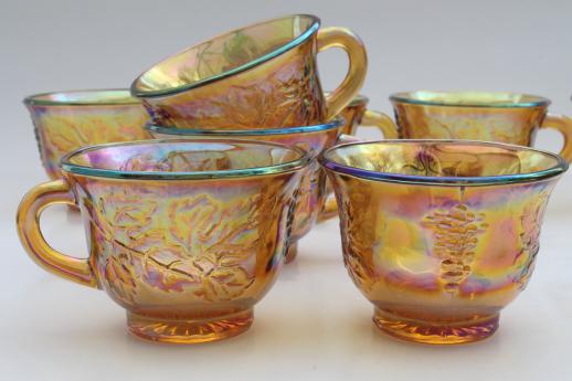 vintage marigold luster carnival glass grapes punch bowl & cups, iridescent amber color