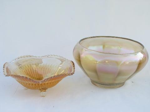 vintage marigold luster carnival glass lot, paneled optic rose bowl, ruffled candy dish