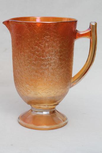 vintage marigold luster lemonade set, crackle pattern depression glass pitcher & glasses