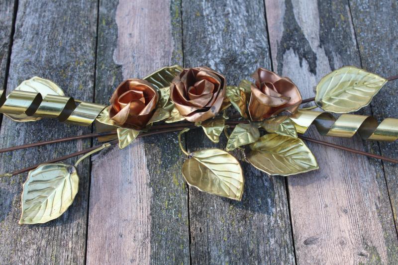 vintage metal art wall hanging, golden brass rose leaf branches w/ copper roses