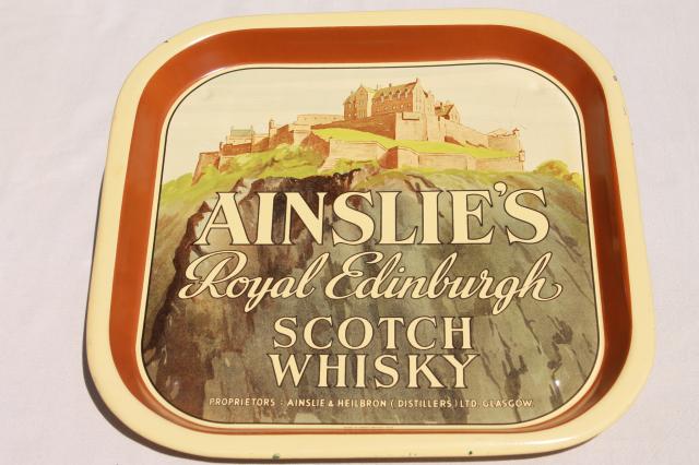 vintage metal bar tray advertising Ainslie's Royal Edinburgh Scotch Whisky