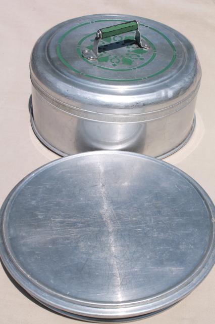 vintage metal cake / pie keeper saver, cake plate w/ dome cover, jadite green handle