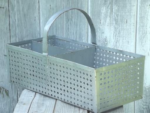 vintage metal carrier tote basket w/ old galvanized silver paint