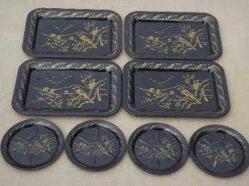 vintage metal coasters & cocktail trays set, chinoiserie  black w/ gold tole