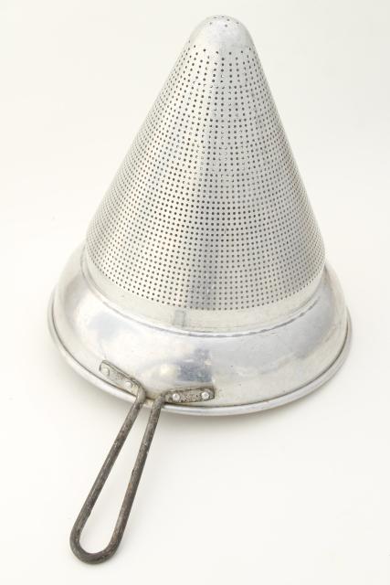 vintage metal kitchen strainer sieve colander, aluminum cone food mill basket 
