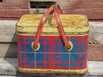 vintage metal litho picnic basket hamper tin, red & blue plaid print