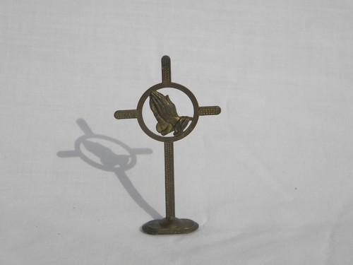 vintage metal prayer cross w/devotional hands for religious shrine