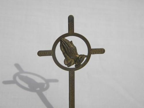 vintage metal prayer cross w/devotional hands for religious shrine