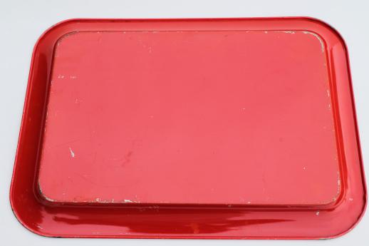 vintage metal serving tray w/ pink rose print, red trim tray for retro kitchen