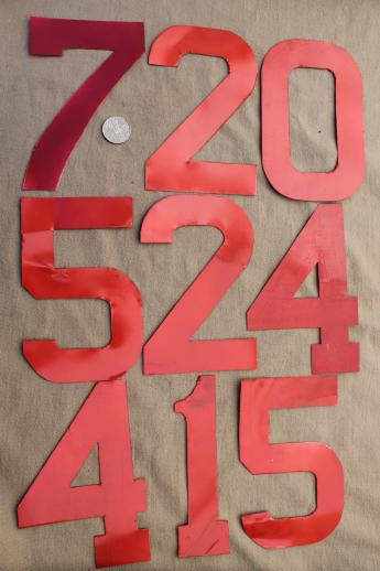 vintage metal sign letters / numbers lot, stencil lettering w/ old red paint