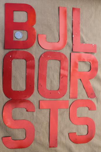 vintage metal sign letters / numbers lot, stencil lettering w/ old red paint