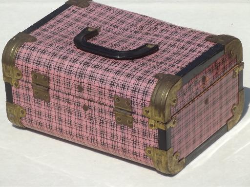 vintage metal suitcases, pink plaid tin litho doll trunk child's toy luggage