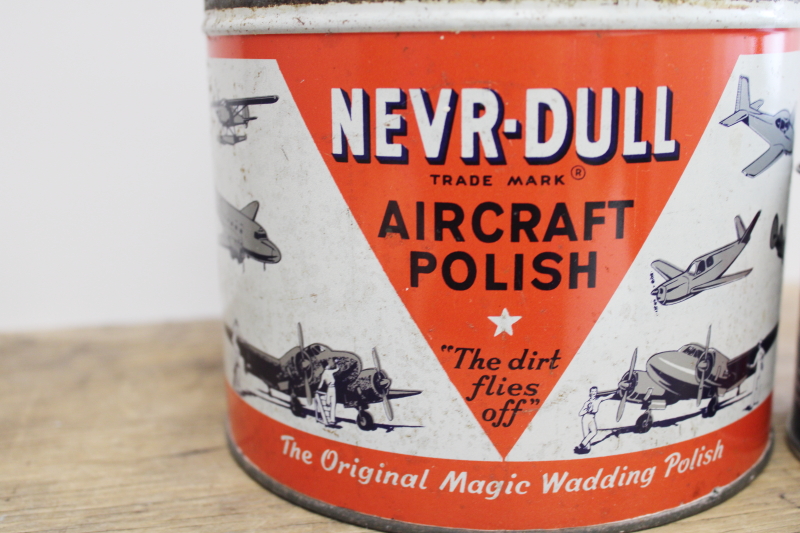 vintage metal tins red white blue patriotic Never Dull polish WWII military aircraft