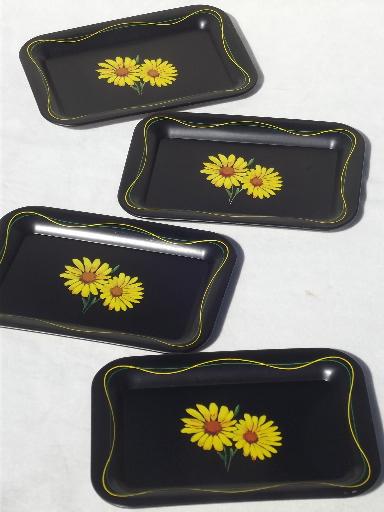 vintage metal tip trays, flowers on black tole print cocktail tray set