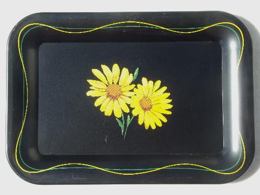 vintage metal tip trays, flowers on black tole print cocktail tray set