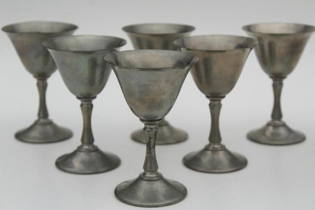 vintage metal tray & goblets, wine glasses set, old Rockford Silver pewter