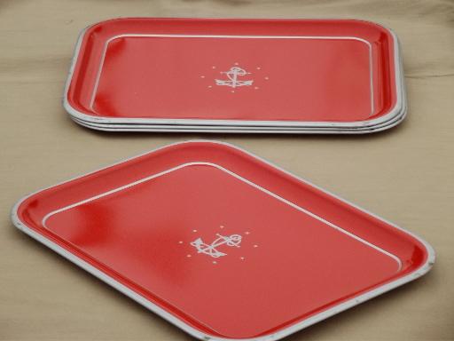 vintage metal tray set, red w/ silver anchor meal trays, nautical style! 