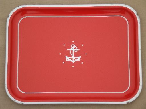 vintage metal tray set, red w/ silver anchor meal trays, nautical style! 