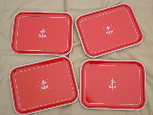vintage metal tray set, red w/ steel grey anchors, nautical style meal trays