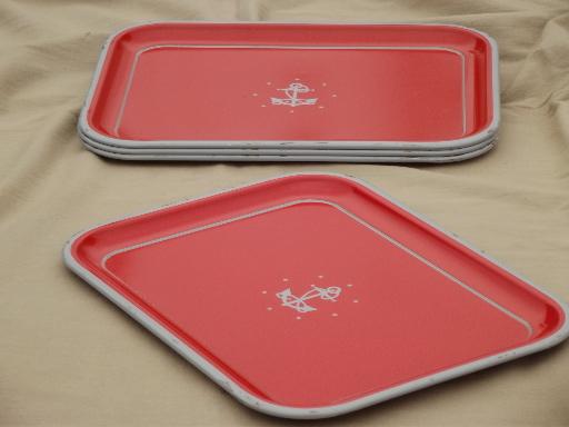 vintage metal tray set, red w/ steel grey anchors, nautical style meal trays