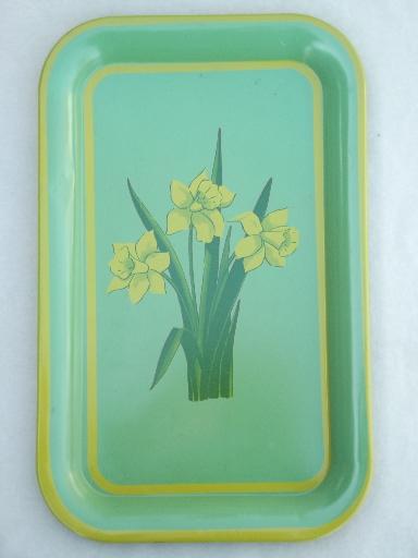 vintage metal tray, yellow daffodils on jadite green, 40s 50s retro!