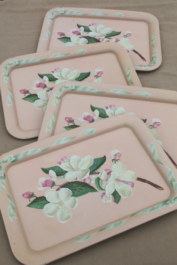 vintage metal trays w/ pink apple blossoms floral, shabby chic cottage style
