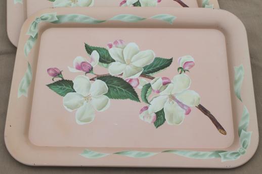 vintage metal trays w/ pink apple blossoms floral, shabby chic cottage style