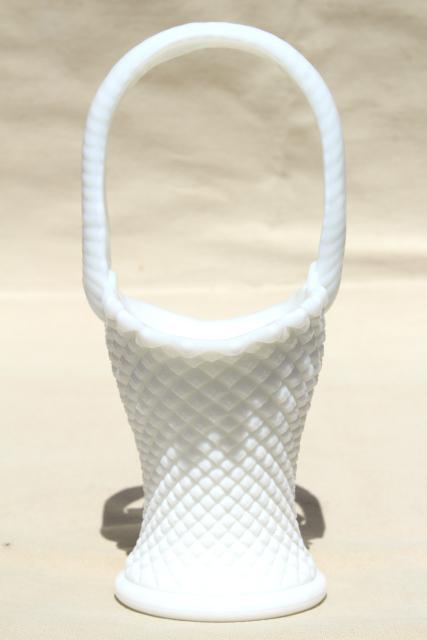vintage milk glass brides basket flower vase, Westmoreland English hobnail
