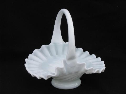 vintage milk glass bride's basket, swirl pattern w/ crimped ruffle edge