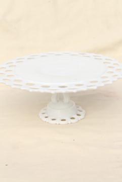 vintage milk glass cake stand, Westmoreland Doric open lace edge pattern