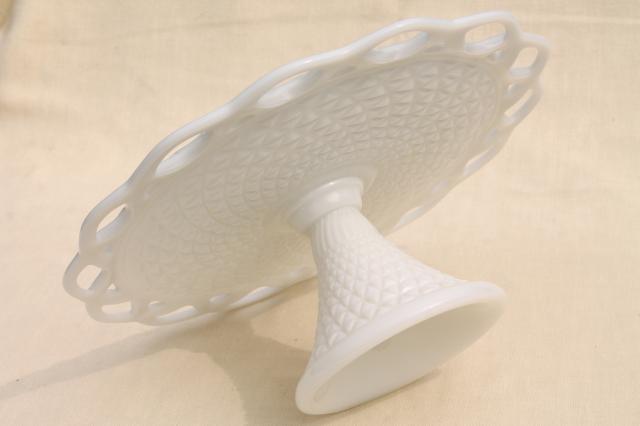 vintage milk glass cake stand, open lace edge pattern cake pedestal plate 