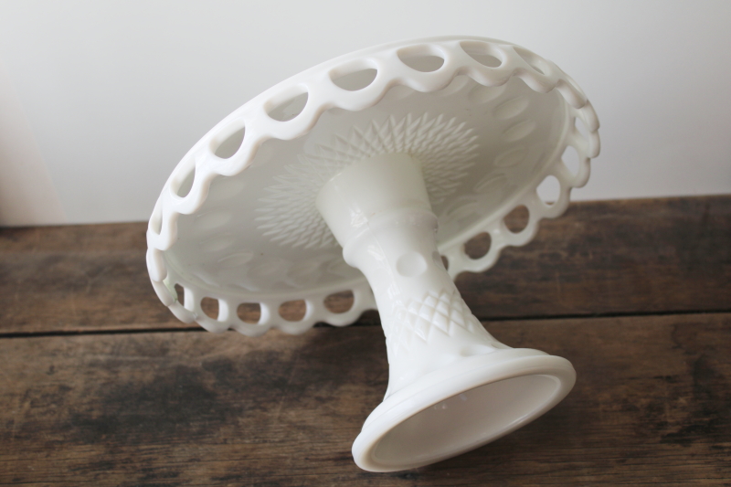 vintage milk glass cake stand w/ rum well, McKee Plymouth thumbprint lace edge dessert plate