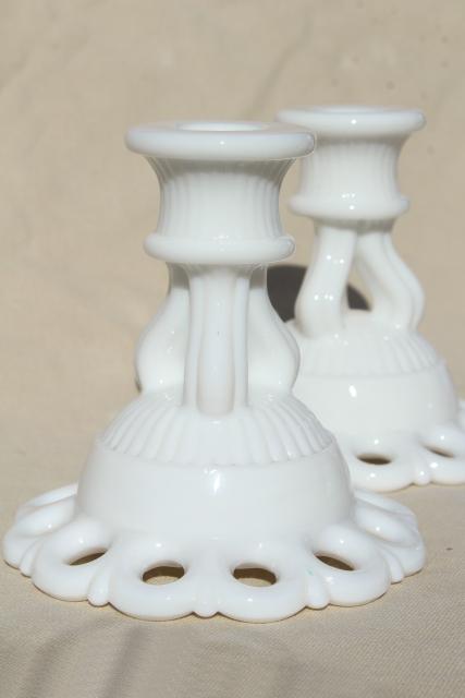 vintage milk glass candle holders, pair Westmoreland Doric open lace edge candlesticks