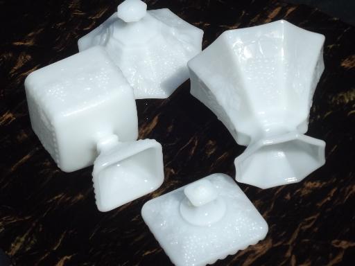 vintage milk glass candy dish boxes, Anchor Hocking beaded grape pattern