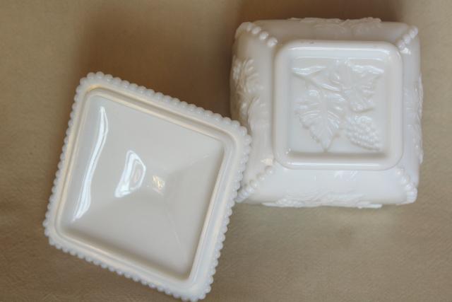vintage milk glass candy dish, square box w/ lid, Westmoreland beaded grape
