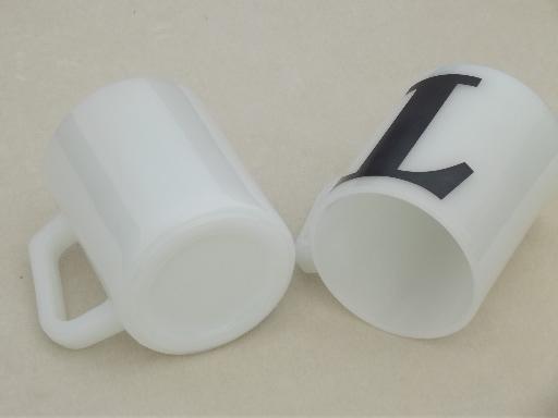 vintage milk glass coffee mugs, letter T monogram initial in chalkboard black