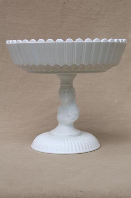 vintage milk glass compote bowl in Actress / Jenny Lind pattern, antique reproduction pressed glass