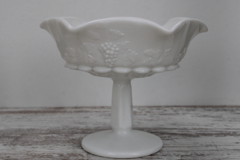 vintage milk glass compote bowl or large candy dish, Westmoreland paneled grape pattern