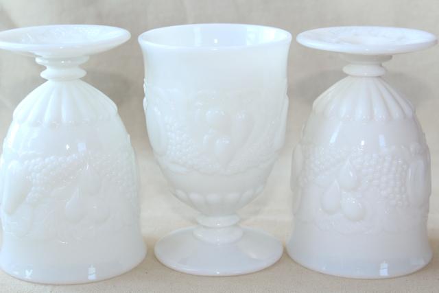 vintage milk glass drinking glasses set of 8, Westmoreland Della Robbia fruit pattern