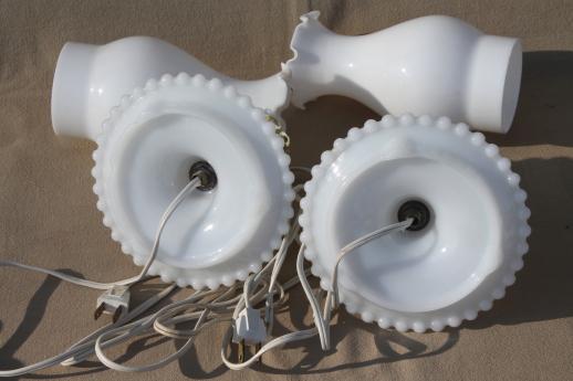 vintage milk glass lamps w/ hand-painted hurricane shades, boudoir / vanity lamp set