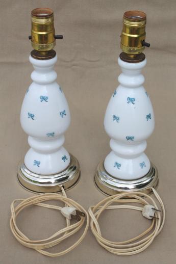 vintage milk glass lamps, pair of hand-painted boudoir lamps w/ tiny blue bows