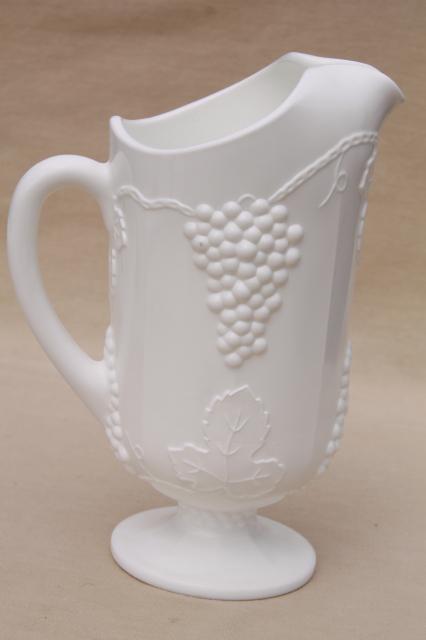 vintage milk glass lemonade set, opaque white grape pitcher & tumbler drinking glasses