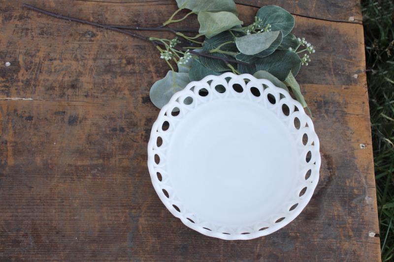 vintage milk glass open lace edge bowl, peacock feather scalloped border