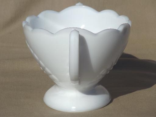 vintage milk glass planter vase, double handled bowl w/ deco starburst