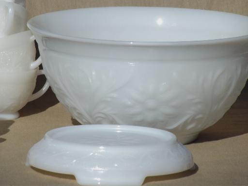vintage milk glass punch bowl & cups set, Anchor Hocking sandwich pattern glass