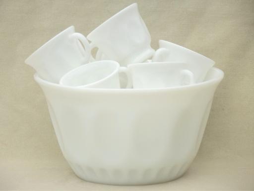 vintage milk glass punch bowl & cups set, thumbprint ovals pattern glass